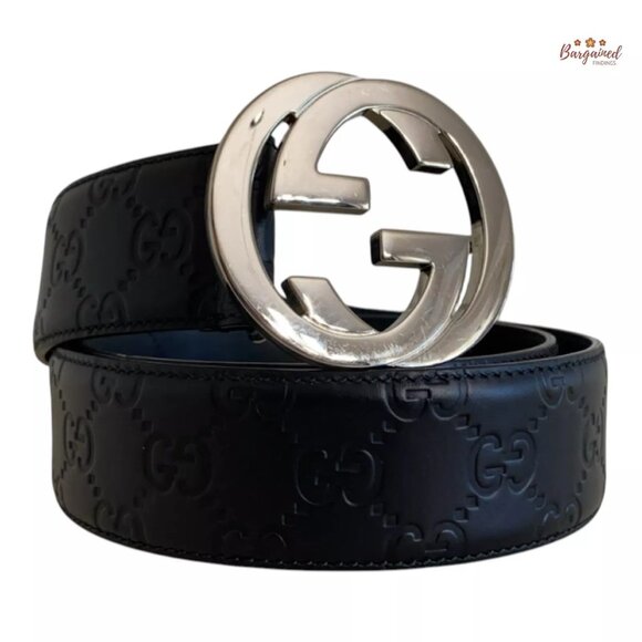 Authentic Gucci Black Guccissima Leather Silver Interlocking G Buckle Belt 85/34